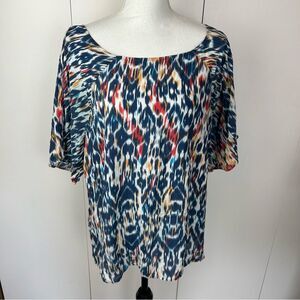 Beach Lunch Lounge Collection Boho Printed Short Sleeve Blouse Colorful Size Lg